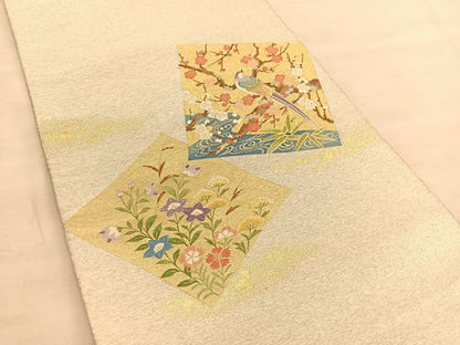 平和屋着物◎太鼓柄袋帯　綴れ　色紙花鳥文　金糸　正絹　逸品　BAAU5198hv
