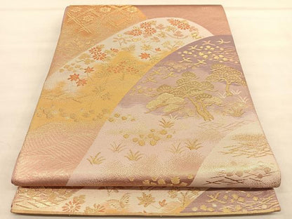 平和屋着物◎六通柄袋帯　重ね山浜松花文　金糸　正絹　逸品　BAAU5203hv