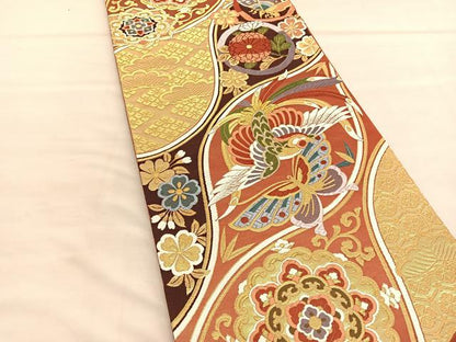 平和屋着物◎六通柄袋帯　唐織　鳳凰花蝶文　金糸　正絹　逸品　BAAU5208hv