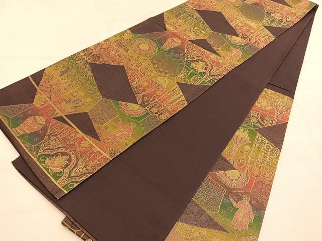 平和屋着物◎六通柄袋帯　切嵌陶器人物花文　金糸　正絹　逸品　BAAU5212hv
