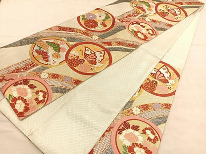 平和屋着物◎佐賀錦　六通柄袋帯　唐織　花蝶丸文　金銀糸　正絹　逸品　BAAU5226hv