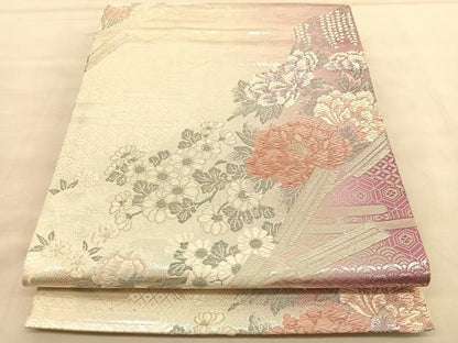 平和屋着物◎六通柄袋帯　扇牡丹花文　銀糸　正絹　逸品　BAAU5277hv