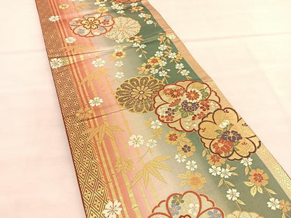 平和屋着物◎六通柄袋帯　唐織　笹竹花文　金糸　正絹　逸品　BAAU5355hv
