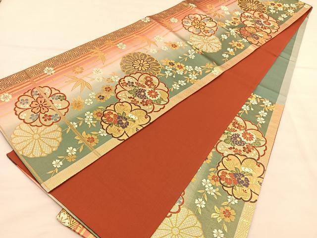 平和屋着物◎六通柄袋帯　唐織　笹竹花文　金糸　正絹　逸品　BAAU5355hv
