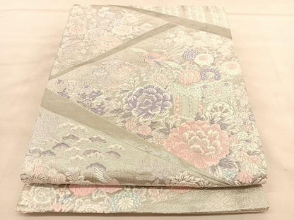 平和屋着物◎六通柄袋帯　唐織　御所車花鳥文　九百錦　プラチナ箔　正絹　逸品　BAAU5363hv