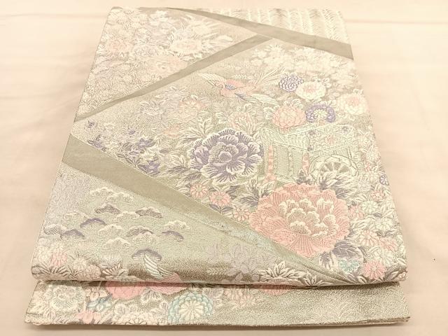 平和屋着物◎六通柄袋帯　唐織　御所車花鳥文　九百錦　プラチナ箔　正絹　逸品　BAAU5363hv