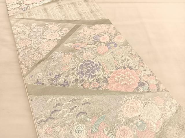 平和屋着物◎六通柄袋帯　唐織　御所車花鳥文　九百錦　プラチナ箔　正絹　逸品　BAAU5363hv