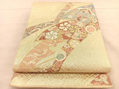 平和屋着物◎六通柄袋帯　唐織　ふくれ織　鴛鴦花蝶文　金糸　正絹　逸品　BAAU5371hv