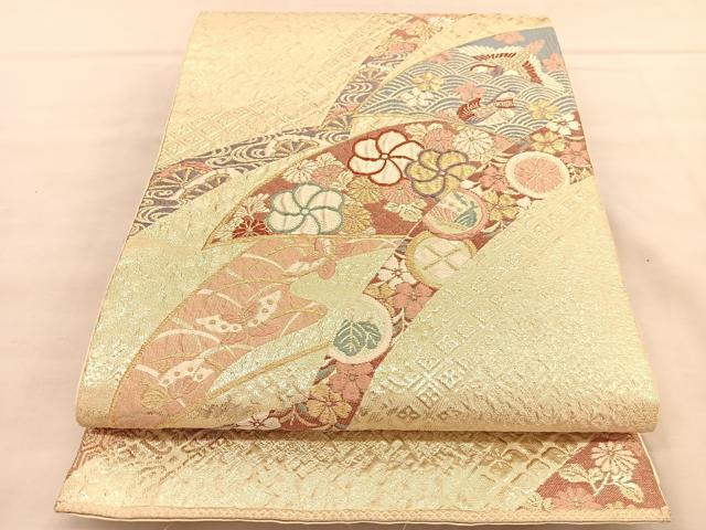 平和屋着物◎六通柄袋帯　唐織　ふくれ織　鴛鴦花蝶文　金糸　正絹　逸品　BAAU5371hv