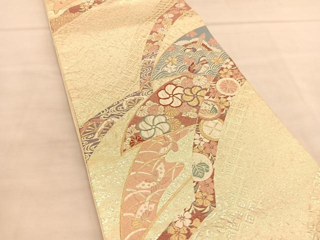 平和屋着物◎六通柄袋帯　唐織　ふくれ織　鴛鴦花蝶文　金糸　正絹　逸品　BAAU5371hv