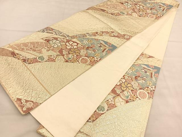 平和屋着物◎六通柄袋帯　唐織　ふくれ織　鴛鴦花蝶文　金糸　正絹　逸品　BAAU5371hv