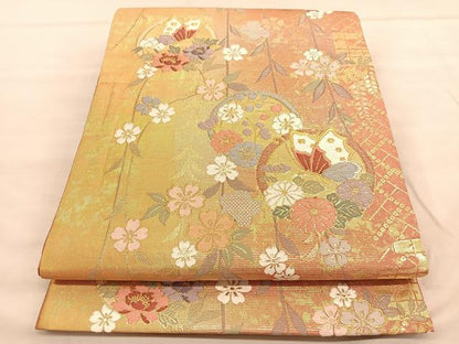 平和屋着物◎六通柄袋帯 唐織 花蝶丸文 金糸 正絹 逸品 BAAU5387hv