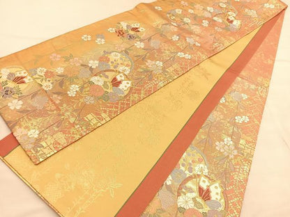 平和屋着物◎六通柄袋帯 唐織 花蝶丸文 金糸 正絹 逸品 BAAU5387hv