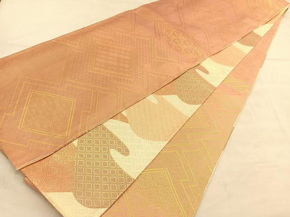 平和屋着物◎佐賀錦　両面　全通柄袋帯　唐織　重ね山文　金糸　正絹　逸品　BAAU5391hv