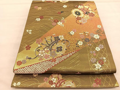 平和屋着物◎六通柄袋帯 唐織 立波鼓花文 金糸 正絹 逸品 BAAU5395hv
