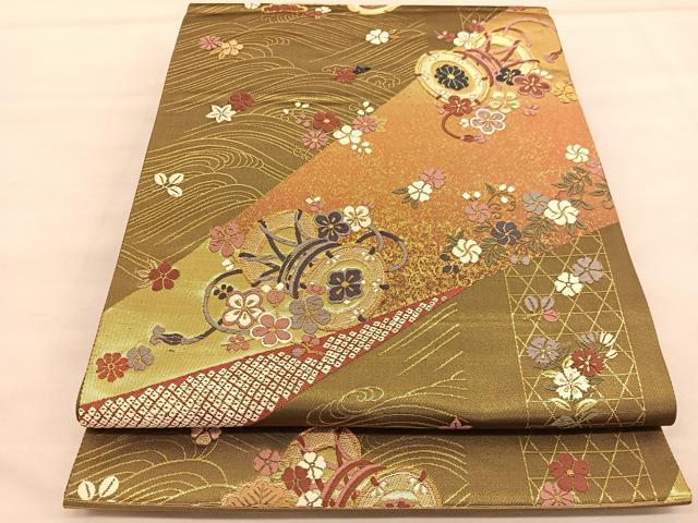 平和屋着物◎六通柄袋帯 唐織 立波鼓花文 金糸 正絹 逸品 BAAU5395hv