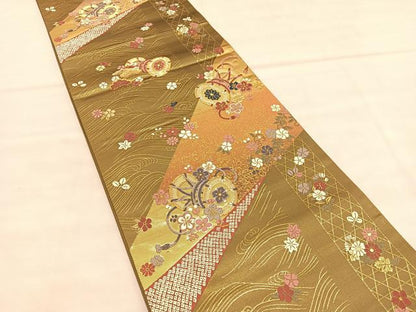 平和屋着物◎六通柄袋帯 唐織 立波鼓花文 金糸 正絹 逸品 BAAU5395hv