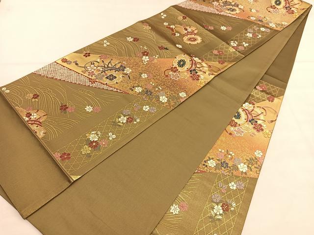平和屋着物◎六通柄袋帯 唐織 立波鼓花文 金糸 正絹 逸品 BAAU5395hv