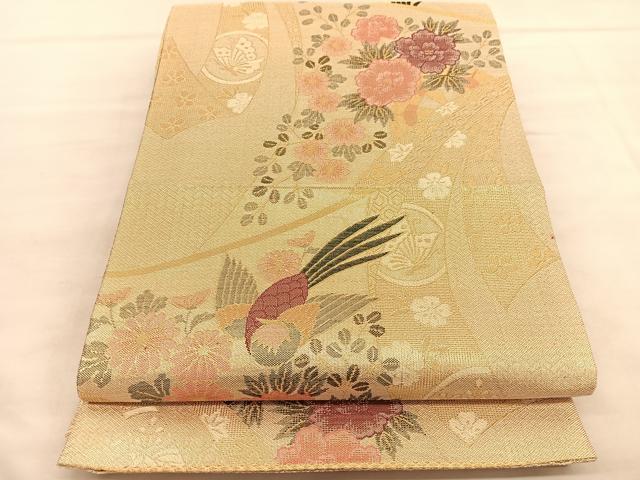 平和屋着物◎佐賀錦 六通柄袋帯 尾長鳥 几帳花文 金糸 正絹 逸品 BAAU5396hv