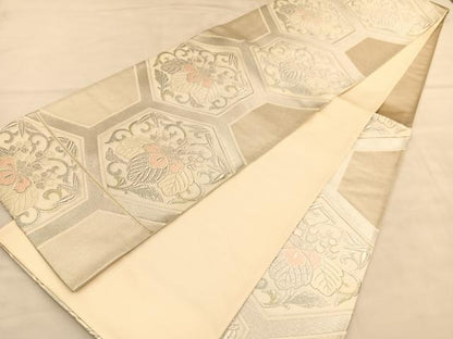 平和屋着物◎六通柄袋帯　唐織　亀甲桐文　銀糸　正絹　逸品　BAAU5414hv