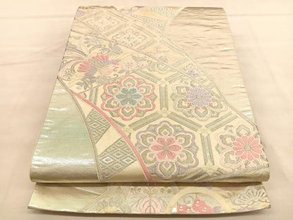 平和屋着物◎六通柄袋帯 唐織 鳳凰亀甲花文 銀糸 正絹 逸品 BAAU5423hv