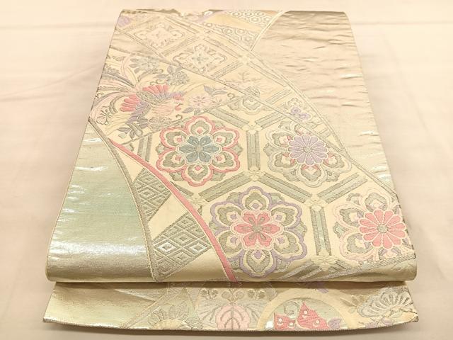平和屋着物◎六通柄袋帯 唐織 鳳凰亀甲花文 銀糸 正絹 逸品 BAAU5423hv