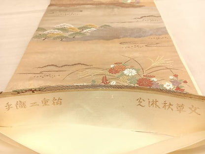 平和屋着物◎六通柄袋帯　唐織　光琳秋草文　手織二重箔　正絹　逸品　BAAU5425hv