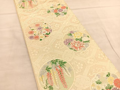 平和屋着物◎六通柄袋帯　唐織　菱天井花文　銀糸　正絹　逸品　BAAU5441hv