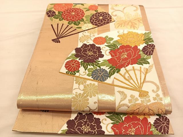 平和屋着物◎六通柄袋帯 唐織 扇面花文 金糸 正絹 逸品 BAAU5462hv