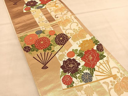 平和屋着物◎六通柄袋帯 唐織 扇面花文 金糸 正絹 逸品 BAAU5462hv
