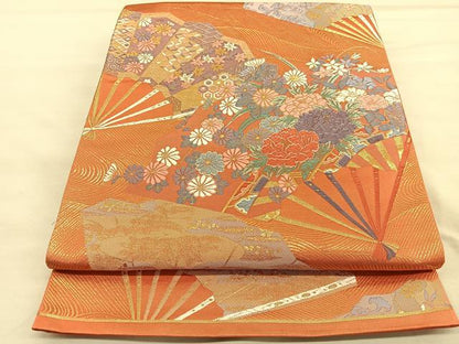 平和屋着物◎六通柄袋帯　唐織　春秋雅扇文　金糸　正絹　逸品　BAAU5466hv