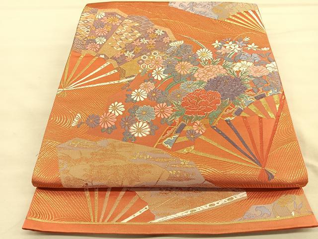 平和屋着物◎六通柄袋帯　唐織　春秋雅扇文　金糸　正絹　逸品　BAAU5466hv