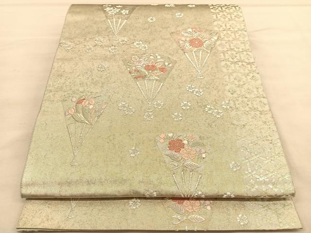 平和屋着物◎六通柄袋帯　唐織　扇面花文　銀糸　正絹　逸品　BAAU5468hv