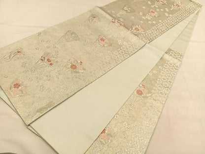 平和屋着物◎六通柄袋帯　唐織　扇面花文　銀糸　正絹　逸品　BAAU5468hv
