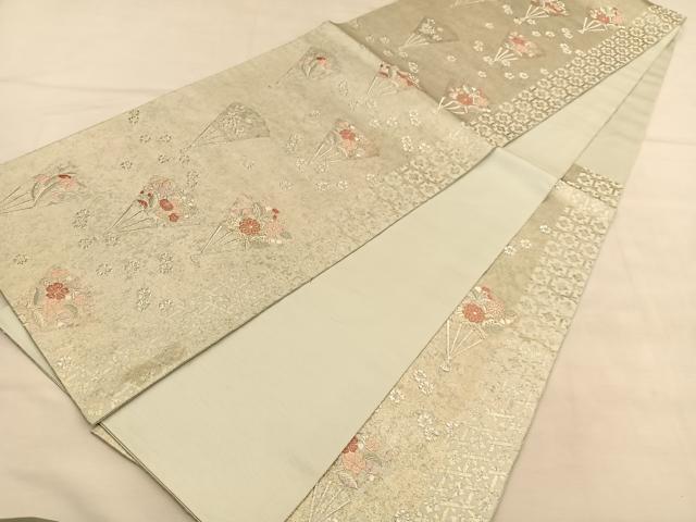平和屋着物◎六通柄袋帯　唐織　扇面花文　銀糸　正絹　逸品　BAAU5468hv