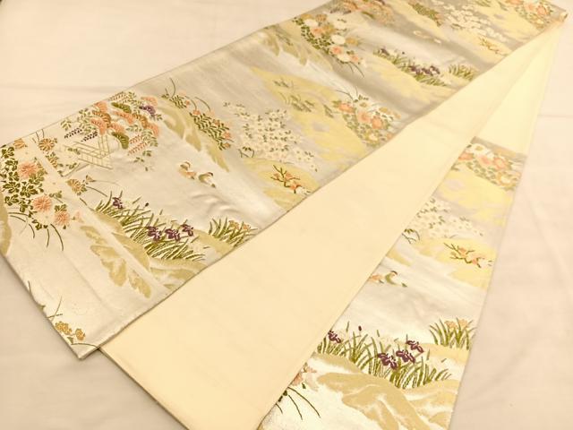 平和屋着物◎六通柄袋帯　唐織　鴛鴦風景花文　金糸　正絹　逸品　BAAU5482hv