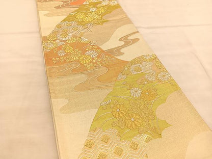 平和屋着物◎六通柄袋帯 流水遠山秋草文 金銀糸 正絹 逸品 BAAU5530hv