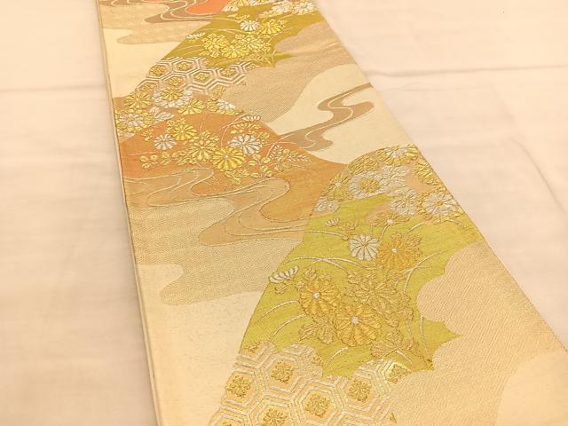 平和屋着物◎六通柄袋帯 流水遠山秋草文 金銀糸 正絹 逸品 BAAU5530hv