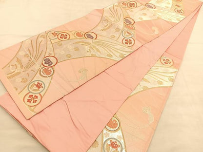 平和屋着物◎六通柄袋帯　唐織　扇面鳳凰花文　金銀糸　正絹　逸品　BAAU5547hv
