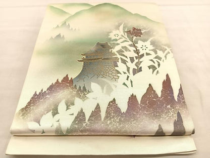 平和屋着物◎太鼓柄袋帯　遠山風景文　金彩　引箔　正絹　逸品　BAAU5549hv