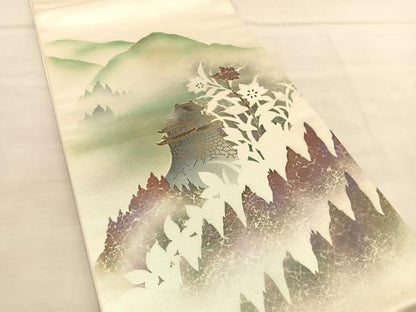 平和屋着物◎太鼓柄袋帯　遠山風景文　金彩　引箔　正絹　逸品　BAAU5549hv