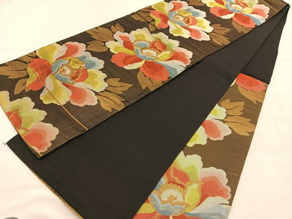 平和屋着物◎六通柄袋帯　牡丹　黒地　金糸　正絹　逸品　BAAU5564hv
