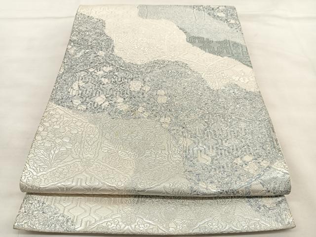 平和屋着物◎六通柄袋帯　道長亀甲花文　銀糸　正絹　逸品　BAAU5570hv