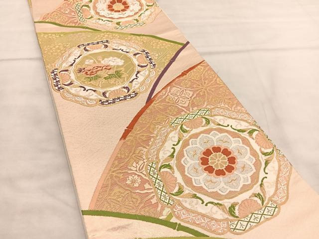 平和屋着物◎六通柄袋帯 唐織 花絵皿文 金糸 正絹 逸品 BAAU5571hv