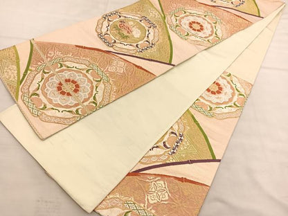 平和屋着物◎六通柄袋帯 唐織 花絵皿文 金糸 正絹 逸品 BAAU5571hv