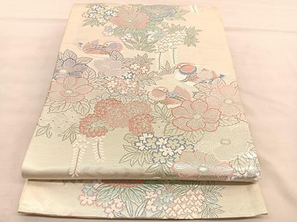 平和屋着物◎六通柄袋帯　流水鴛鴦文　九百プラチナ　銀糸　正絹　逸品　BAAU5574hv