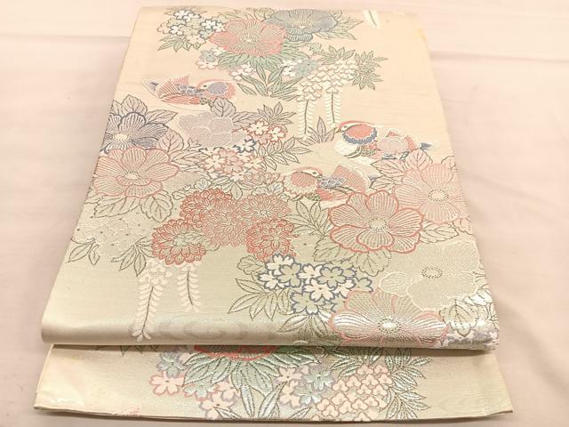 平和屋着物◎六通柄袋帯　流水鴛鴦文　九百プラチナ　銀糸　正絹　逸品　BAAU5574hv