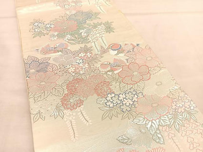 平和屋着物◎六通柄袋帯　流水鴛鴦文　九百プラチナ　銀糸　正絹　逸品　BAAU5574hv