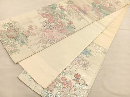 平和屋着物◎六通柄袋帯　流水鴛鴦文　九百プラチナ　銀糸　正絹　逸品　BAAU5574hv