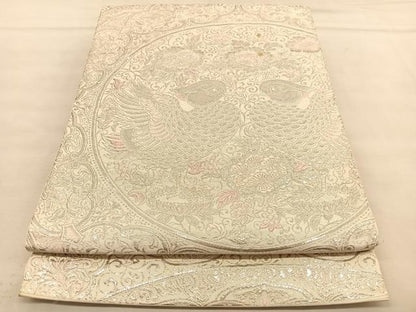 平和屋着物◎六通柄袋帯　唐織　向かい鴛鴦花丸文　プラチナ箔　正絹　逸品　BAAU5598hv